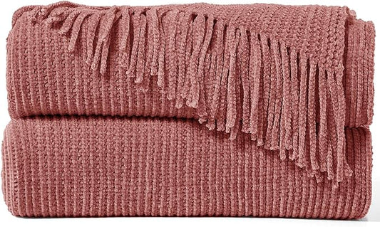inhand Coral Pink Throw Blanket for Couch Bed,Chunky Chenille Woven Soft Warm Christmas Blankets Gifts for Women with Tassels, Cozy Boho Farmhouse Fall Winter Decor,60"x80",Medium Thick