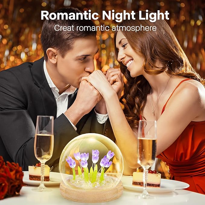 ONXE Birthday Flower Gifts for Mom,Tulips Night Light Small Glass Flower Lamp with Wooden Base for Home Decor Romantic Unique Christmas Gift for Women Girlfriend Sister Grandma Wife Her