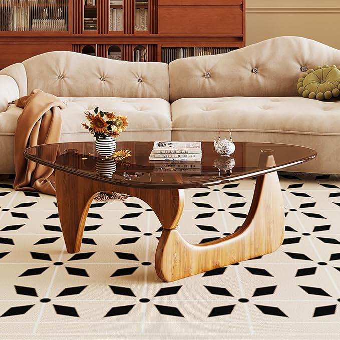 Coffee Table for Living Room Mid Century Modern Center Table with Glass Top and Wood, Brown/Walnut