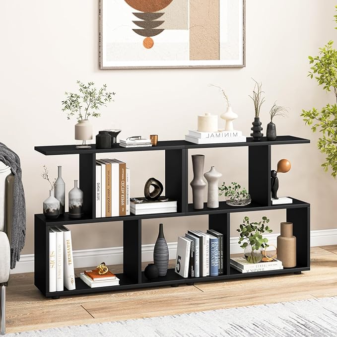 Giantex 3-Tier Geometric Bookshelf, 24" Tall Wood S-Shaped Display Shelves with Thick Foot Pads, Freestanding Open Shelves Nightstand, Floor Standing Display Shelf Bookcase, Black