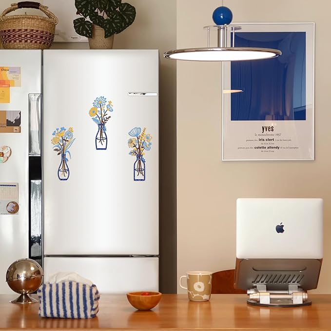 Iron Metal Vase Flower Wall Art Set of 3 - Minimalist Black Floral Decor for Living Room Bedroom Kitchen, Office Garden - Modern Farmhouse Home Decor & Housewarming Gifts (Blue-Yellow)