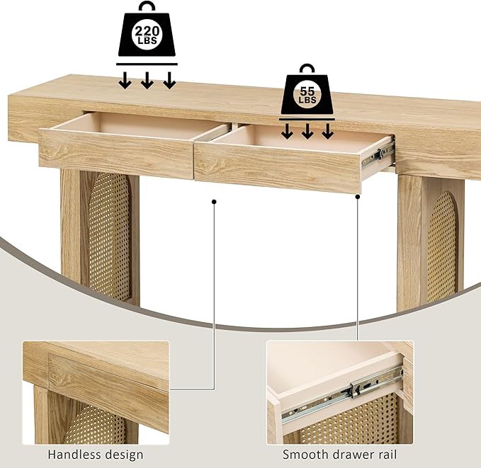 51.9" Narrow Console Table for Entryway, with Storage Drawers, Natural Wood Finish Table Rattan Accent, Stylish Rustic Sofa Table for Living Room and Hallway (Natural Wood)
