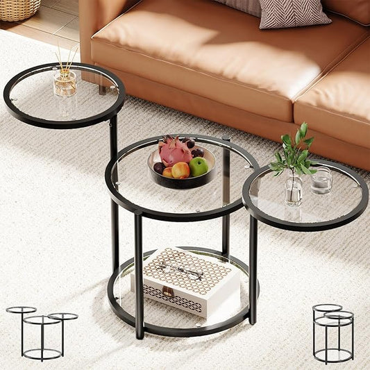 Round Glass Coffee Table - 4 Tier Coffee Tables for Living Room with Rotating Top, Circle Coffee Table with Storage, Modern Clear Center Table with Metal Frame for Small Space, Office, Black