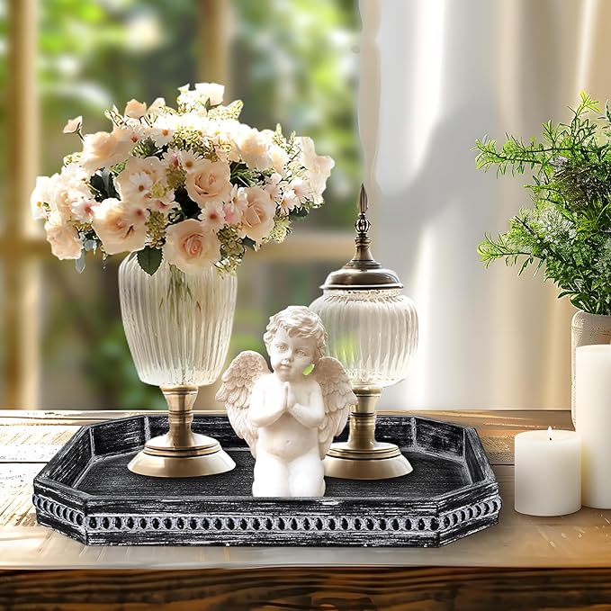 Decorative Coffee Table Serving Tray, Long Octagonal Black Wood Tray with Wooden Bead, Farmhouse Big for Ottoman Table, Countertop, Home Decor, 16.5"x13"x1.6" (Retro Black)