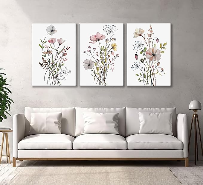 3Pcs Watercolor Wildflower Canvas Wall Art Modern Minimalist Colorful Botanical Floral Painting Pictures Wall Decor Flower Posters Print Artwork for Living Room Bedroom Home Decoration