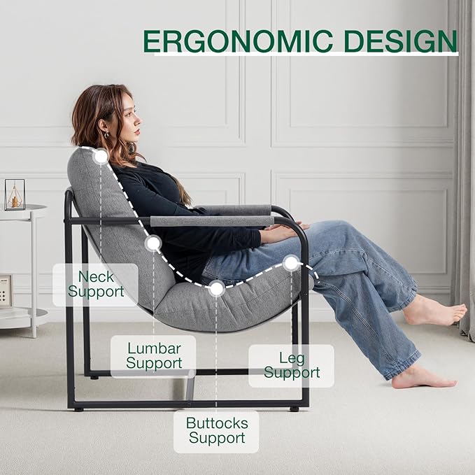 HOMMPA Sling Accent Chair Set of 2, Steel Frame Lounge Arm Chair Living Room Chair with Side Storage Pocket, Reading Accent Chair Mid Century Modern Bedroom Chair Linen Fabric Cover, Flax