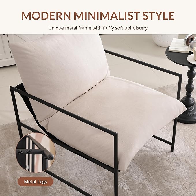Sling Accent Chair with Metal Frame, Modern Armchair with Memory Foam Cushion, Comfy Lounge Chair for Living Room Bedroom Balcony, Beige