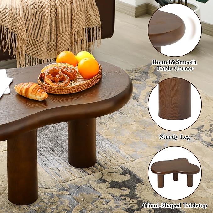 34"(L) Cloud Coffee Table, Modern Wood Coffee Table for Living Room, Accent Unique Center Tables with 3 Legs, Small Tea Tables for Balcony, Patio, Bedroom, Walnut