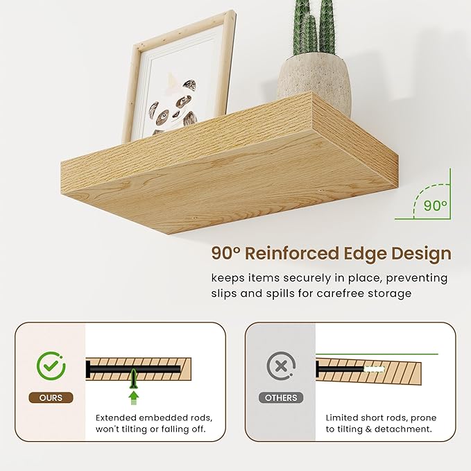 16in Floating Shelves for Wall, 16"W x 9.25"D x 1.25"H, 2 Pack Long Wall Mounted Engineered Wood Shelves with Invisible Brackets for Living Room, Bedroom, Bathroom, Kitchen Decor and Storage, Oak