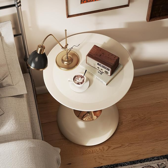 Metal Round End Table,Modern Pedestal Table,Corner Drink Tables,Accent Side Table Nightstand for Living Room,Patio and bar (Cream White)