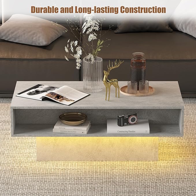 Grey Coffee Table with Storage, Rectangular Center Table for Living Room, Modern High Glossy Farmhouse Grey Coffee Table with 16 Colors LED Lights, Wooden Living Room Table, Pullout Storage