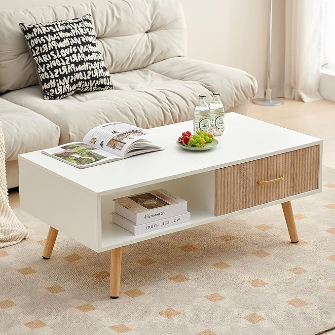IANIYA Boho Coffee Table with Storage, Dining Table with Rattan Drawer and Solid Wood Legs, Small Center Tables for Living Room Small Space (White/Natural)