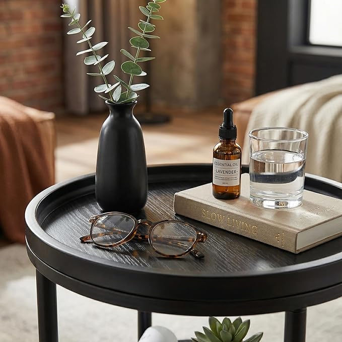 Small Round Side Table with Tray Top, 3-Tier Black End Table for Living Room & Bedroom, Modern Metal Nightstand with Storage Shelf, 11.8" Narrow Accent Table for Small Spaces, Balcony, Classic Black