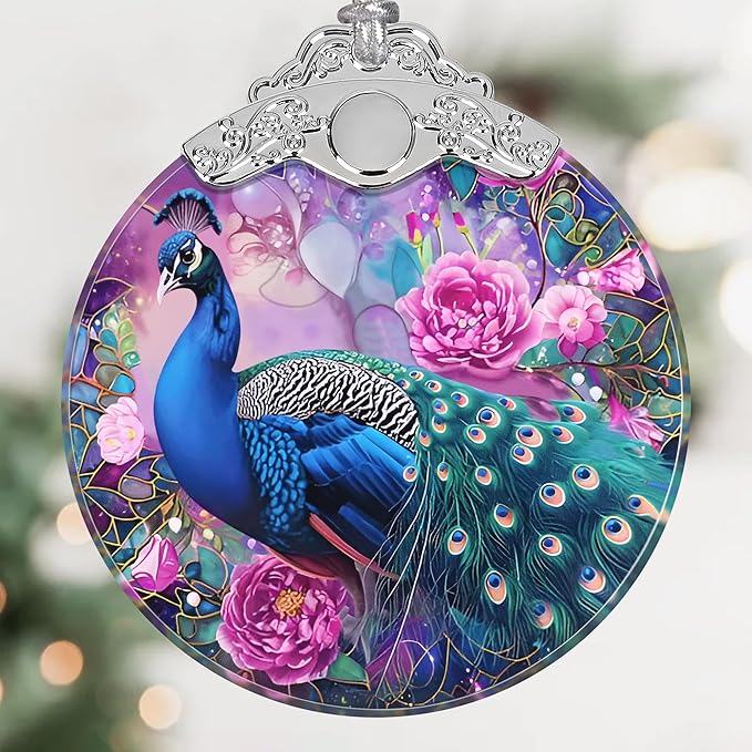 Peacock Stained Glass Hanging Ornament - Christmas Tree Decoration, Holiday Ornament, Home Decor Gift Idea