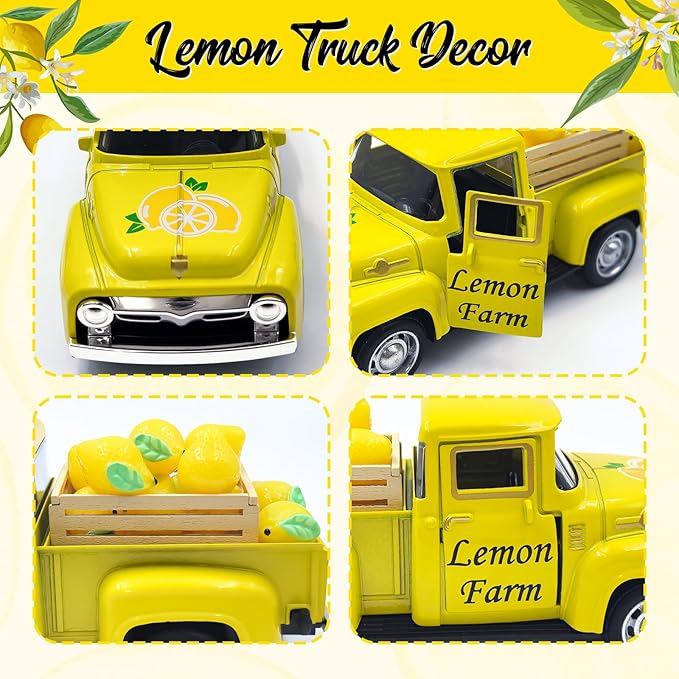 Lemon Decor Vintage Truck Decor with Mini Faux Lemons and Wooden Crate Summer Tiered Tray Decor Lemon Decorations for Home Desk Shelf Farmhouse Kitchen Centerpieces for Tables- Yellow