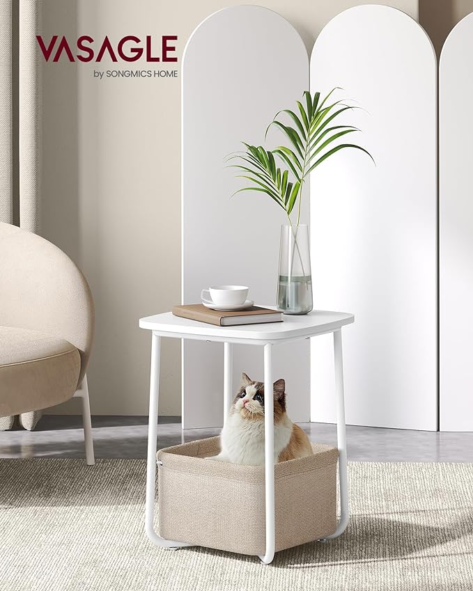 VASAGLE LILEA Collection - Side End Table with Fabric Basket, Modern Nightstand, Square Bedside Table, for Living Room, Bedroom, Matte White and Camel Brown ULET229W10