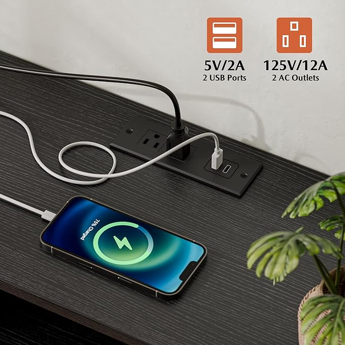 Dresser for Bedroom with 8 Drawers, Dresser TV Stand with LED Lights and Power Outlets, Fabric Chest of Drawers with Side Pocket for Living Room, Entryway, Bedroom Furniture (Black Wood Grain)