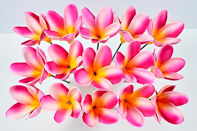 15pcs White Hot Pink Flowers PU Real Touch Lifelike Hawaiian Artificial Flowers for DIY Wedding Bouquets Bridal Shower Centerpieces Arrangements Party Tables Decorations