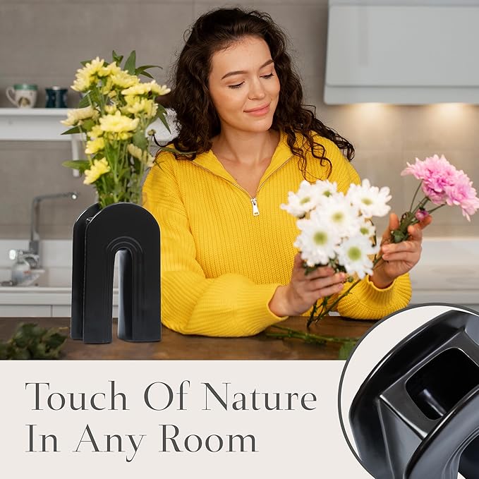 Whole Housewares Ceramic Vase - Stunning Black Modern Design Black Vase for Flowers - Home Decor Ceramic Flower Vase for Living Room - Ideal Gift for Birthdays, Holidays, and Housewarmings