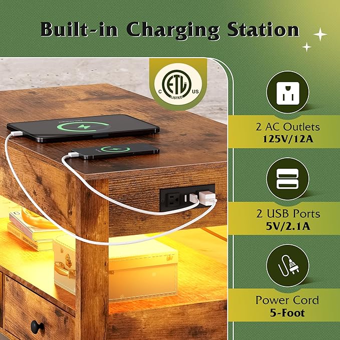 WLIVE Coffee Table, Lift Top Coffee Table with 2 Drawers, LED Light, Large Hidden Compartment and Open Shelf, Lift Tabletop, Dining Table for Living Room, Rustic Brown