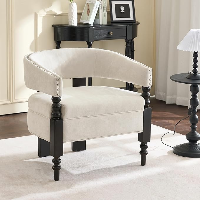 LOULENS Barrel Accent Chair, Vintage Chenille Upholstered Lounge Chair with Solid Wood Legs, Comfy Leisure Side Armchair for Living Room, Bedroom, Reading Nook, Corner, Beige