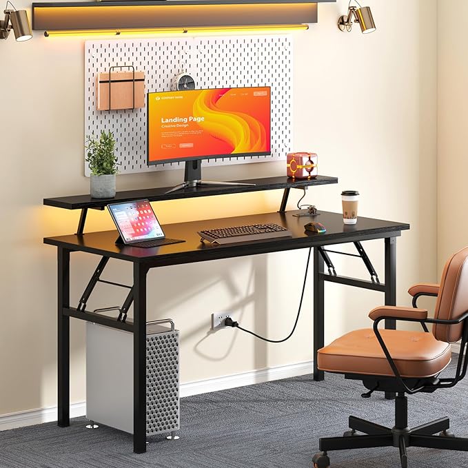 DlandHome Computer Desk 47’’ with LED Lights & Power Outlets,Folding Desk with Monitor Stand, Writing Desk Home Office Desk, Fully Assembled,Black