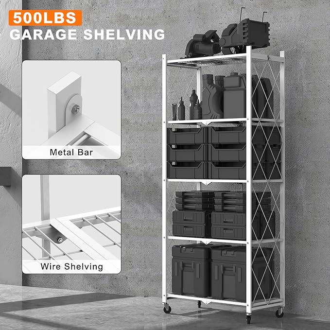 64" H 5 Tier Foldable Storage Shelf with Wheels, Folding Shelving Loads 500 LBS, Metal Steel Garage Shelves, Rolling Standing Utility Rack for Kitchen, Pantry, Office, White