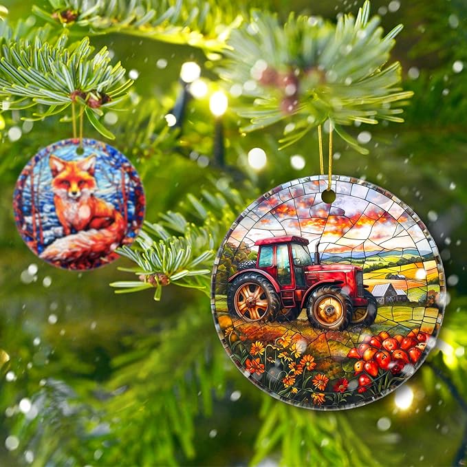Christmas Tree Decorations Tractor Ornament, Colored Ceramic Christmas Tree Ornaments, Xmas Decorative Hanging Ornaments, Christmas Decor Indoor Home Holiday Party Gifts Tractor