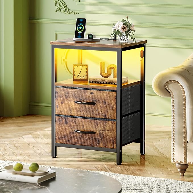 Huuger Night Stand with Charger Station and LED Lights, 2 Drawer Nightstand, Bed Side Table with Open Shelf, End Table, Fabric Dresser for Bedroom, Rustic Brown