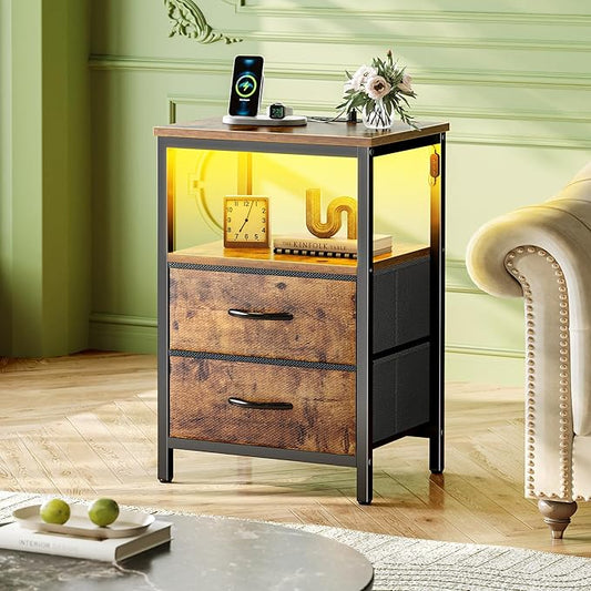 Huuger Night Stand with Charger Station and LED Lights, 2 Drawer Nightstand, Bed Side Table with Open Shelf, End Table, Fabric Dresser for Bedroom, Rustic Brown