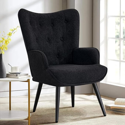 Furniliving Boucle Accent Chair for Living Room, Upholstered Reading Chair with High Backrest, Tufted-Button Wingback Armchair for Bedroom, Dressing Room, Home Office, Black