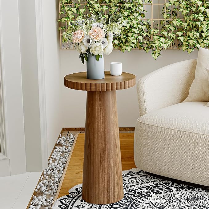 Small Side Table, Wood End Table with Fluted Pedestal Base, Round Drink Table for Small Spaces, Modern Accent Table for Living Room, Bedroom or Sofa Side(1, Walnut)