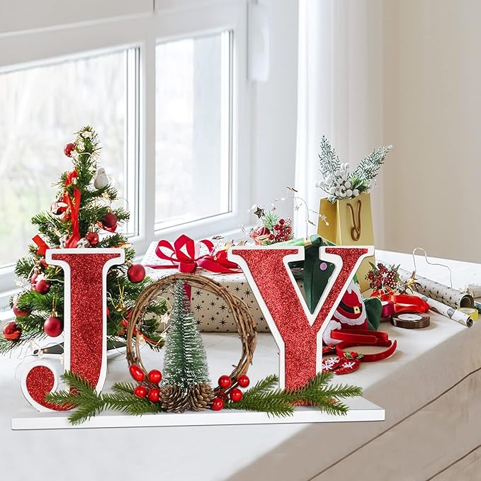 Wooden Christmas Joy Sign Table Decoration Free-standing Decorative Joy Word Block Letter Wood Merry Xmas Centerpieces Winter Holiday Decor for Mantel Home Decor Party Office (Red)