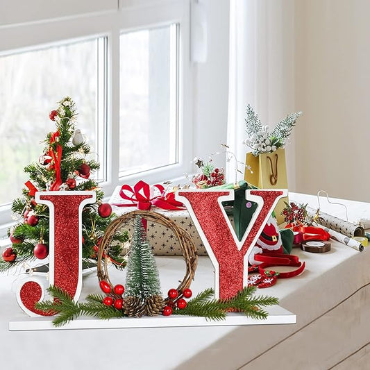 Wooden Christmas Joy Sign Table Decoration Free-standing Decorative Joy Word Block Letter Wood Merry Xmas Centerpieces Winter Holiday Decor for Mantel Home Decor Party Office (Red)