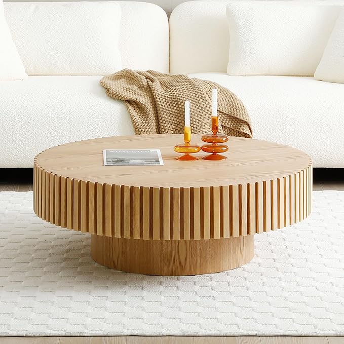 31.49''Round Coffee Table for Living Room, Modern Wood Nesting Coffee Table Handcraft Circle Fluted Drum Coffee Table, Easy Assembly,Oak