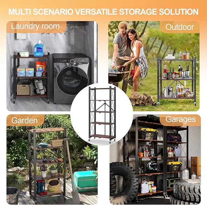 5-Tier Foldable Storage Shelves with Wheels, Folding Metal Shelf Unit, Folding Bookshelf no Assembly, Collapsible Shelves for Craft Shows for Kitchen, Bedroom, Living Room, Rustic Brown