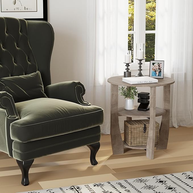 Round End Table with Storage Shelf,3 Tier Modern Side Table, Sofa Recliner Side Table,Accent Coffee Table,Nightstand for Living Room Bedroom for Small Spaces,19.7" D x 21.7" H