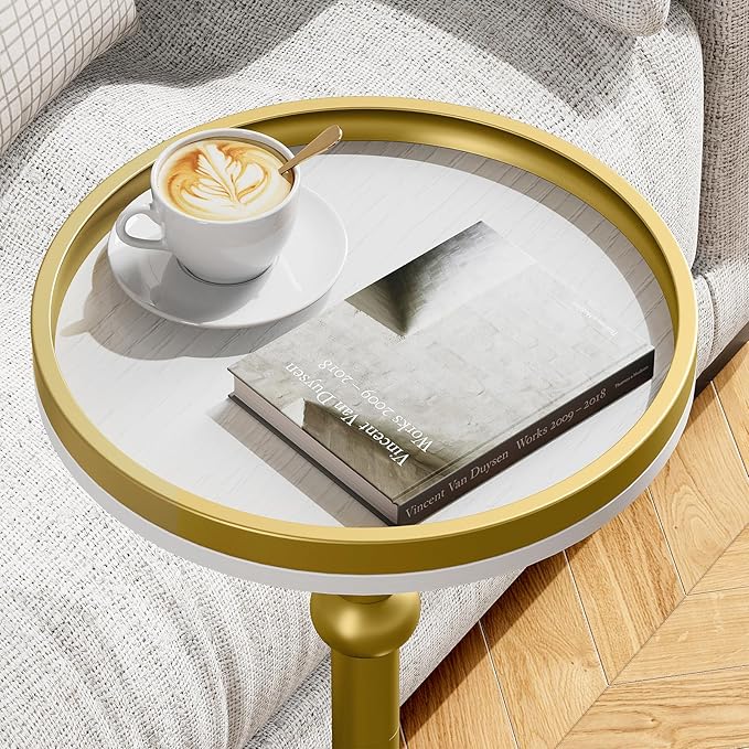 Small Round Side Table, Coffee Drink Table for Small Spaces, Modern Night Stand with Metal Leg, Weighted Iron Base Pedestal Round End Tables for Living Room, Bedroom, Narrow Corners,Sofa Couch