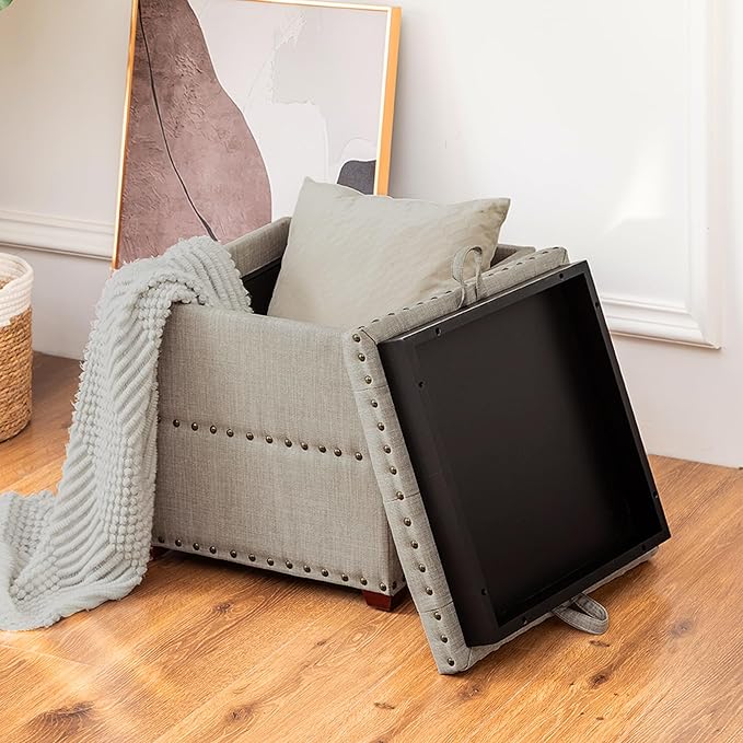 Adeco 18 Inch High Cube Ottoman Storage, Linen Beige Chair Foot Stools with Tray, Upholstered Vanity Stool with Solid Wood Legs