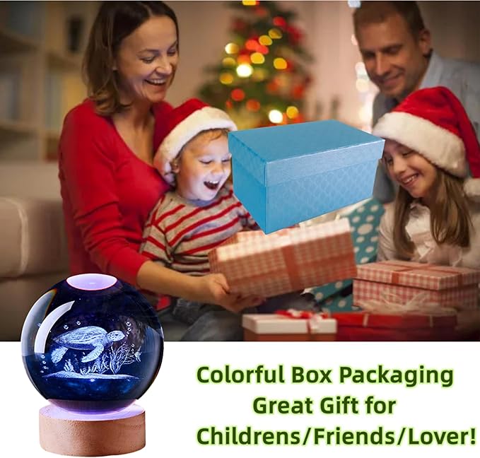 Crystal Ball Lamp with LED Wooden Base, 16 Colors Change & Remote Control Crystal Ball Night Light, Upgraded 3.15 Inch Glass Light, Gift for Kids Wife Girlfriend (sea Turtle)