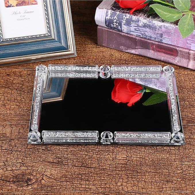 Mirror Crystal Perfume Tray,Crushed Diamond Filled Crystal Glass Vanity Tray,Jewelry Trinket Holder,Decorative Tray for Home,Party,Hotel Banquet