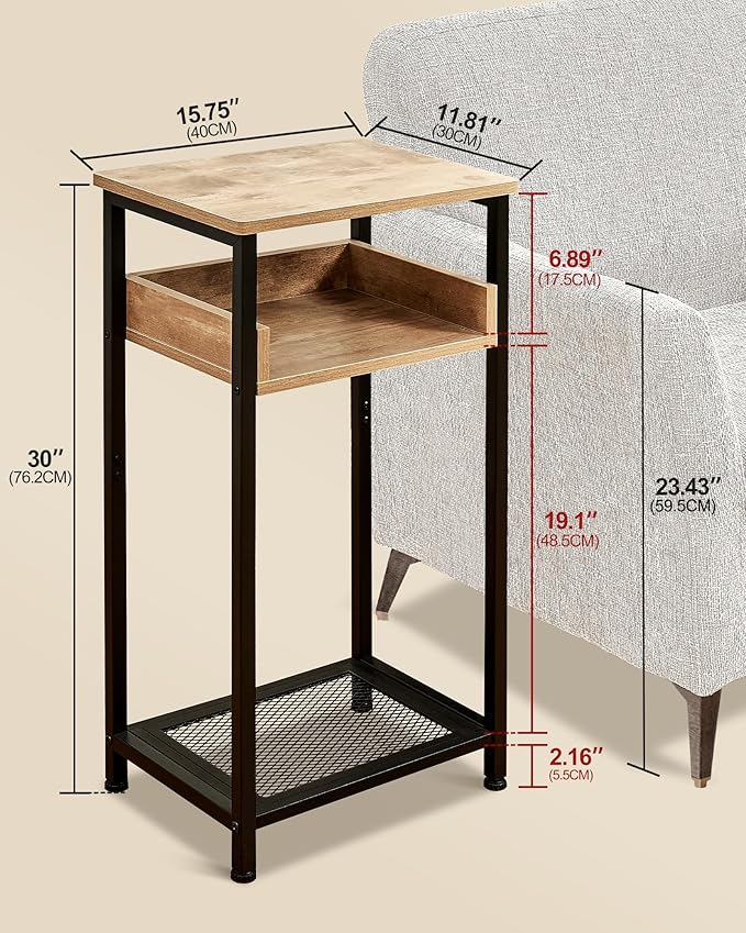 Tall Side Table, 30 inch High End Table, Small Entryway Table, Bedside Table for Living Room and Bedroom, Greige & Black