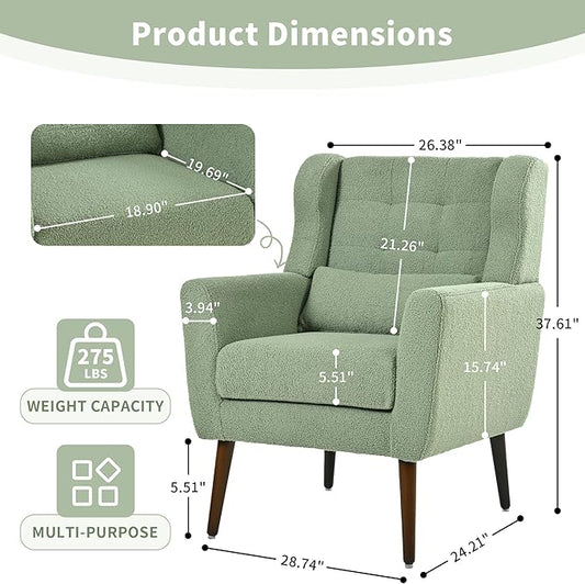 Modern Accent Chair, Upholstered Arm Chair with Waist Pillow, Single Sofa Chair for Living Room Bedroom Small Spaces (Light Green)