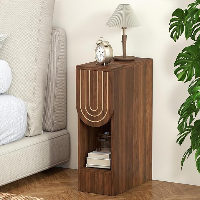 Narrow Nightstand, Mid-Century Modern Bedside Table with Carved Drawer and Storage Shelf, Slim Side End Table for Bedroom Small Space, Wooden Farmhouse Night Stand (1, Walnut)