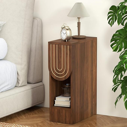 Narrow Nightstand, Mid-Century Modern Bedside Table with Carved Drawer and Storage Shelf, Slim Side End Table for Bedroom Small Space, Wooden Farmhouse Night Stand (1, Walnut)