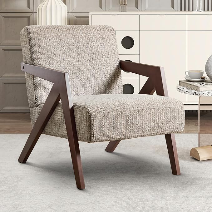 INZOY Mid Century Modern Accent Chair with Wood Frame, Upholstered Reading Armchair with Soft Linen Fabric, Accent Chair for Living Room Bedroom Apartment, Easy Assembly, Brown