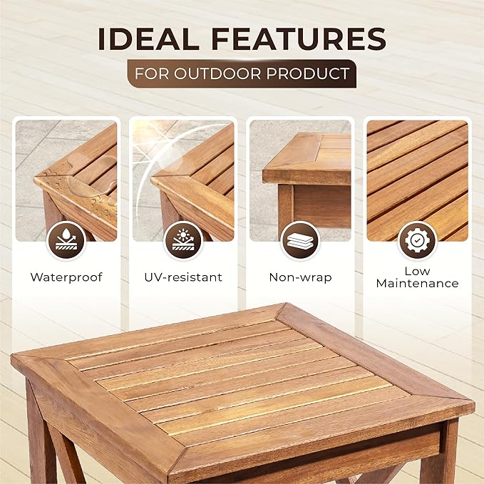 100% Acacia Wood Small Table, Outdoor Side Table for Patio, Poolside, Garden, Backyard, Entryway, Outdoor Space (X-braced Style)