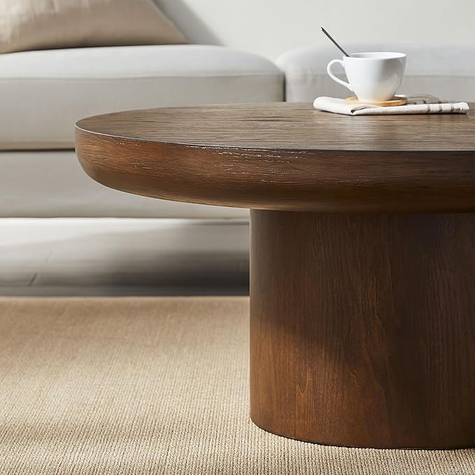 35.98'' Brown Round Coffee Table, End Table Modern Coffee Table Wood Small Coffee Table with Cylindrical Leg, Wood Veneer Tabletop Table, Rounded Sofa Side Table for Living Room (ø35.98'' x 15.98'')