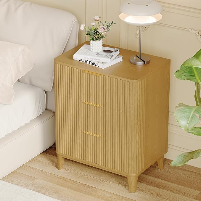 3 Drawer Fluted Dresser for Bedroom, Modern Closet Dressers Chest of Drawers, 23.6" Rustic Wood Nightstand 3-Drawer Dresser Bedside Table, Curved End Table with 3 Large Drawers for Living Room Natural