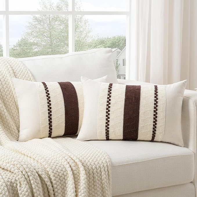 Fancy Homi Set of 2 Boho Brown Lumbar Decorative Throw Pillow Cover 12x20 Inch for Couch Bed Sofa Chair, Modern Organic Farmhouse Home Decor, Soft Cotton Cute Accent Rectangle Cushion Case